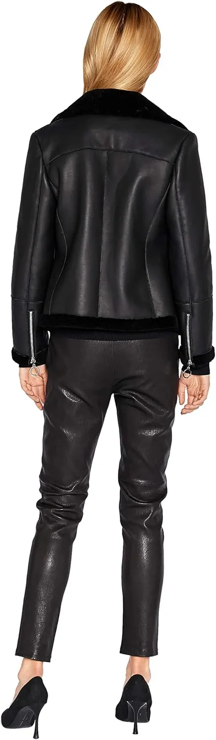 Women Genuine Lambskin Leather Jacket Lamb Shearling Zip Up Short Motorcycle Jacket