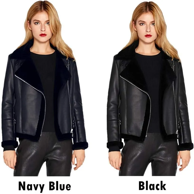 Women Genuine Lambskin Leather Jacket Lamb Shearling Zip Up Short Motorcycle Jacket