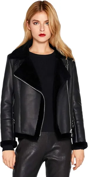 Women Genuine Lambskin Leather Jacket Lamb Shearling Zip Up Short Motorcycle Jacket