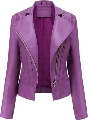 Women Leather Jacket Faux Motorcycle Coat Short Lightweight Pleather Crop Coat Fashion ZIpper Fleece Cardigan Womens Coat