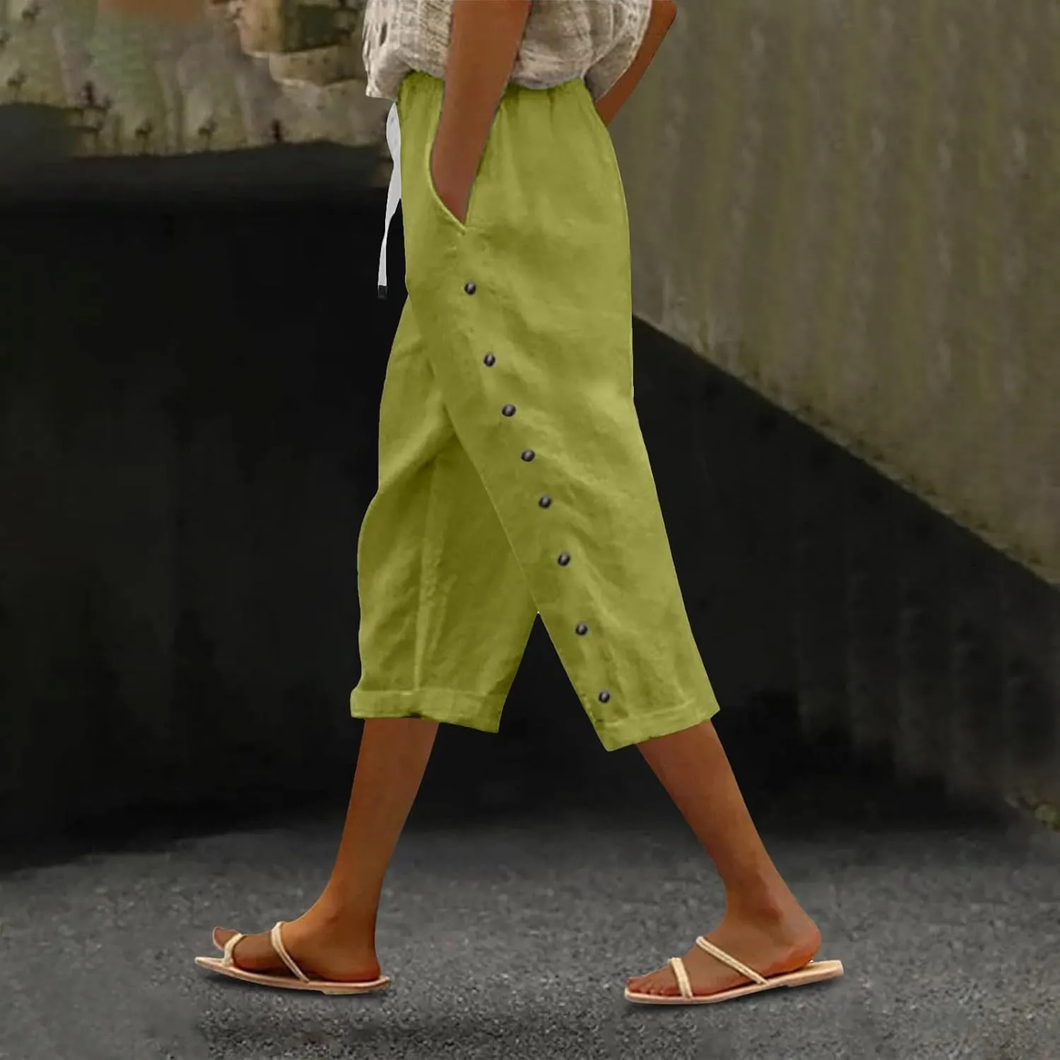 Women Linen Palazzo Pants Cotton Linen Elastic Seven Pants Beach Casual Trendy Lounge with Pockets