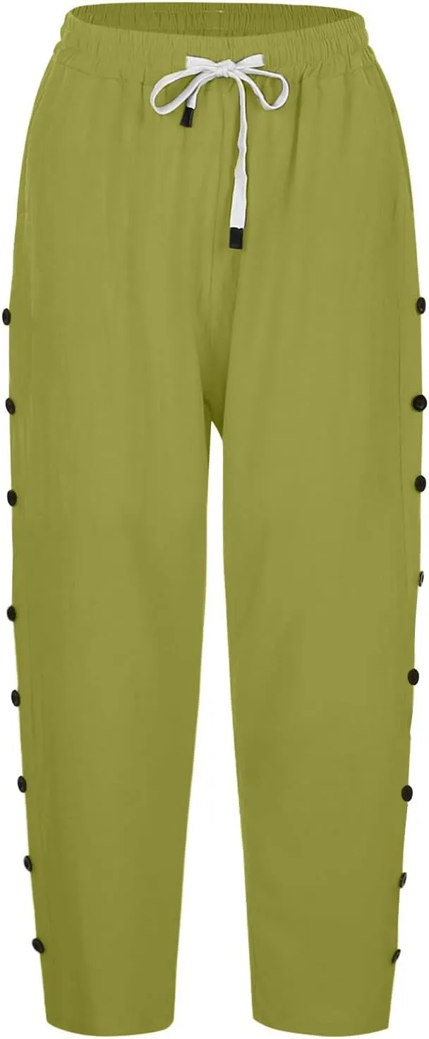 Women Linen Palazzo Pants Cotton Linen Elastic Seven Pants Beach Casual Trendy Lounge with Pockets