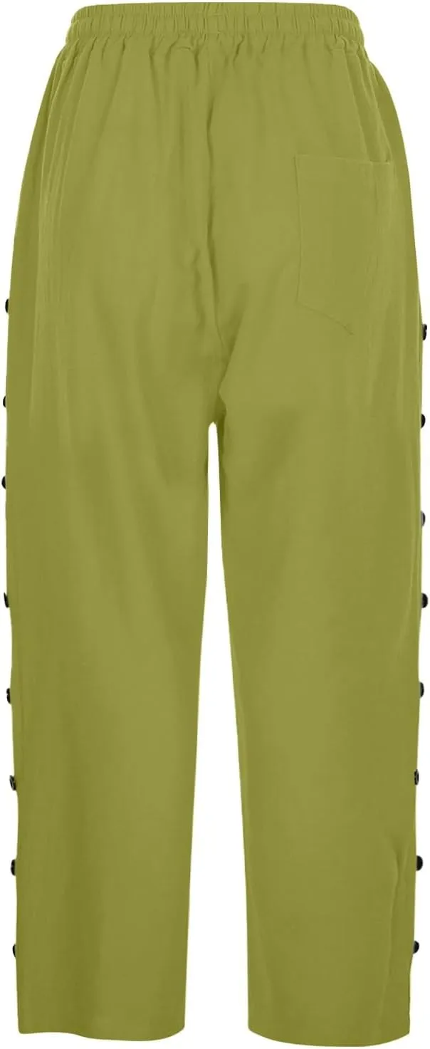 Women Linen Palazzo Pants Cotton Linen Elastic Seven Pants Beach Casual Trendy Lounge with Pockets