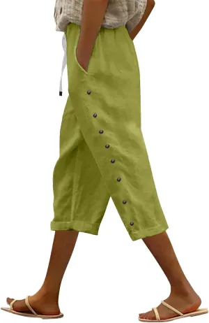 Women Linen Palazzo Pants Cotton Linen Elastic Seven Pants Beach Casual Trendy Lounge with Pockets