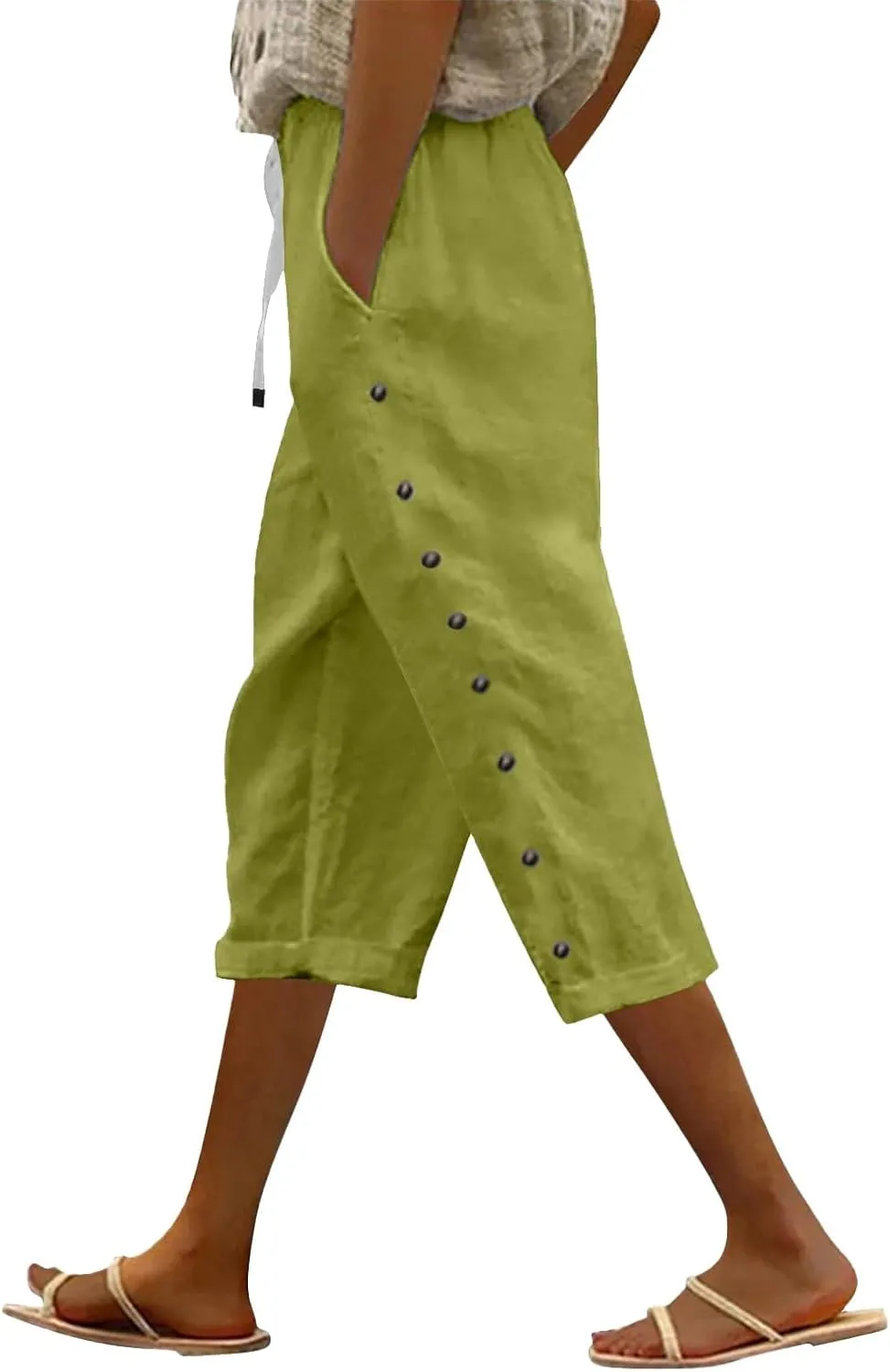 Women Linen Palazzo Pants Cotton Linen Elastic Seven Pants Beach Casual Trendy Lounge with Pockets
