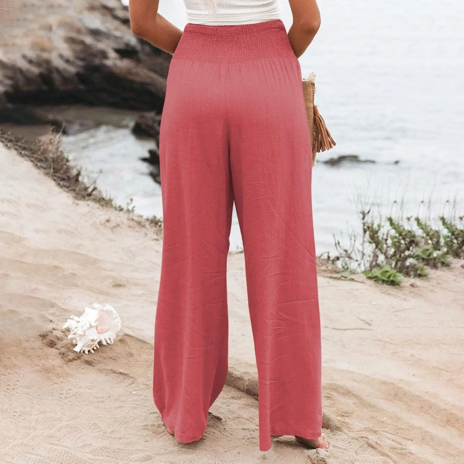 Women Linen Palazzo Pants Summer Boho Wide Leg High Waist Casual Lounge Pant 2025 Trendy Beach Travel Trousers