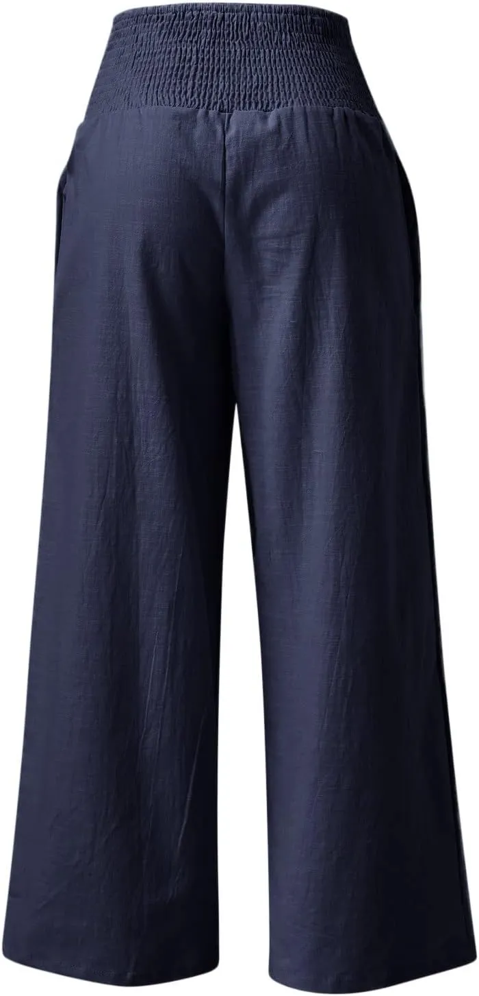 Women Linen Palazzo Pants Summer Boho Wide Leg High Waist Casual Lounge Pant 2025 Trendy Beach Travel Trousers