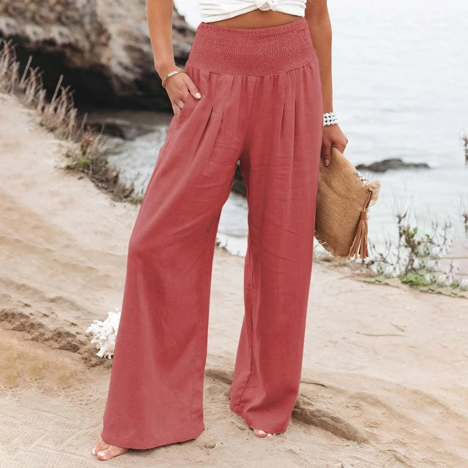 Women Linen Palazzo Pants Summer Boho Wide Leg High Waist Casual Lounge Pant 2025 Trendy Beach Travel Trousers