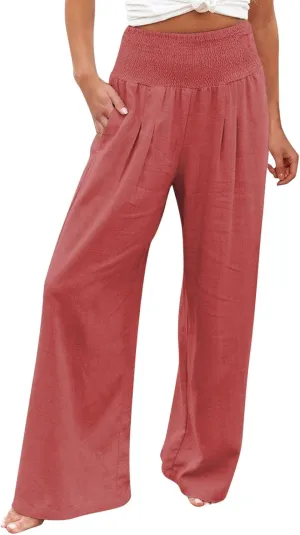 Women Linen Palazzo Pants Summer Boho Wide Leg High Waist Casual Lounge Pant 2025 Trendy Beach Travel Trousers