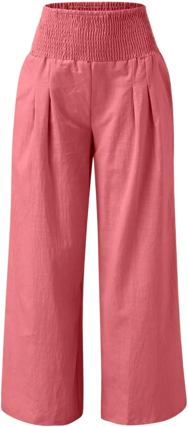 Women Linen Palazzo Pants Summer Boho Wide Leg High Waist Casual Lounge Pant 2025 Trendy Beach Travel Trousers