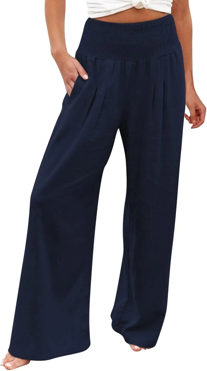 Women Linen Palazzo Pants Summer Boho Wide Leg High Waist Casual Lounge Pant 2025 Trendy Beach Travel Trousers
