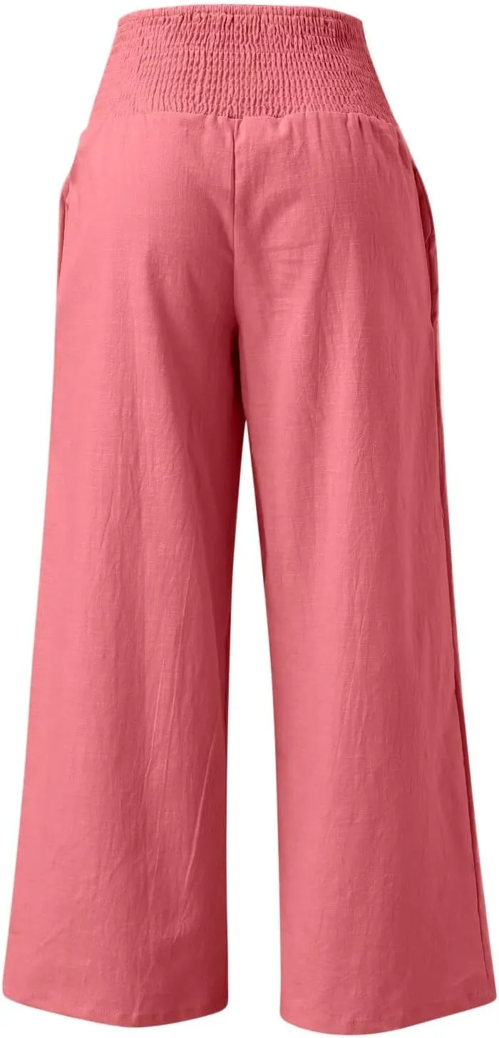 Women Linen Palazzo Pants Summer Boho Wide Leg High Waist Casual Lounge Pant 2025 Trendy Beach Travel Trousers