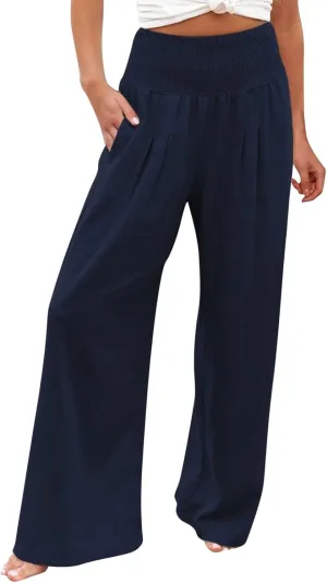 Women Linen Palazzo Pants Summer Boho Wide Leg High Waist Casual Lounge Pant 2025 Trendy Beach Travel Trousers