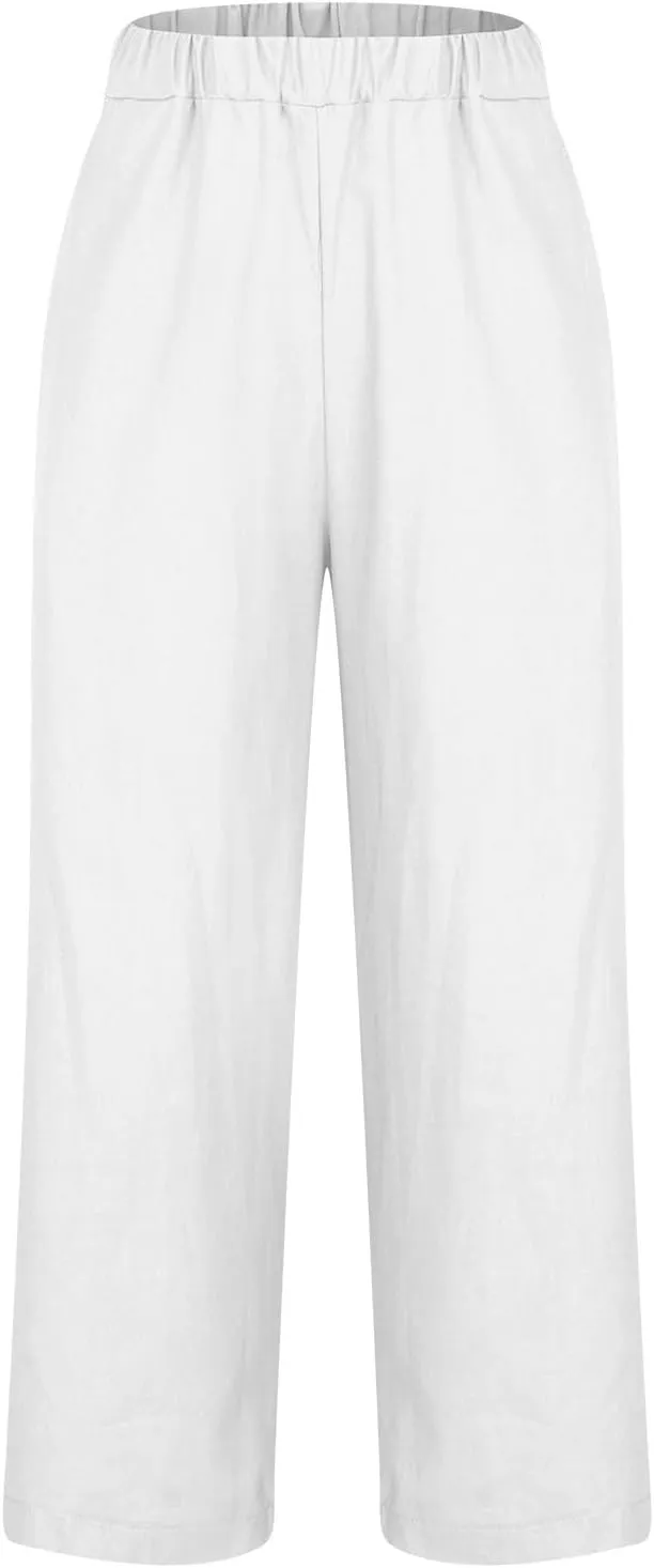 Women Linen Pants 2025 Summer Elastic Waist Straight Leg Lounge Pant Casual Lightweight Beach Trousers with Pockets