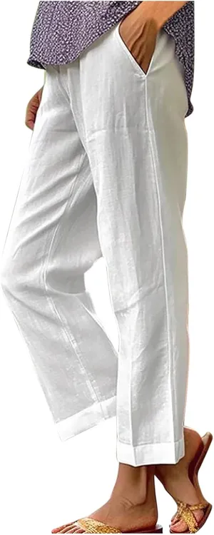 Women Linen Pants 2025 Summer Elastic Waist Straight Leg Lounge Pant Casual Lightweight Beach Trousers with Pockets