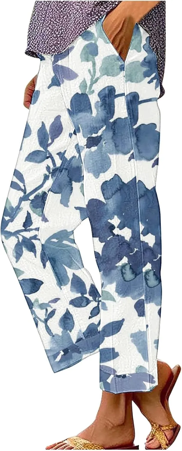 Women Linen Pants Loose Pocket Casual Cotton and Linen Pants Flowy Wide Leg Beach Trousers with Pockets Linen Capris
