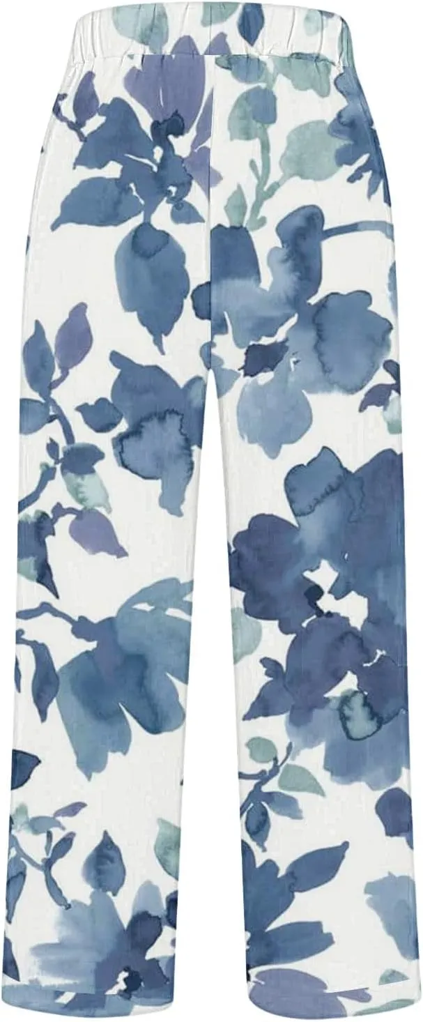 Women Linen Pants Loose Pocket Casual Cotton and Linen Pants Flowy Wide Leg Beach Trousers with Pockets Linen Capris