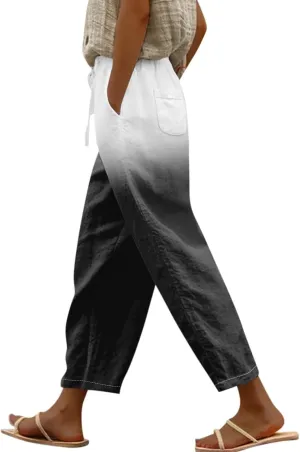 Women Linen Pants Loose Pocket Casual Cotton and Linen Pants Flowy Wide Leg Beach Trousers with Pockets Linen Capris