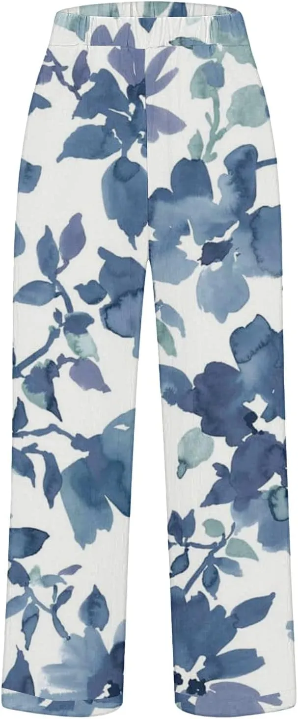 Women Linen Pants Loose Pocket Casual Cotton and Linen Pants Flowy Wide Leg Beach Trousers with Pockets Linen Capris