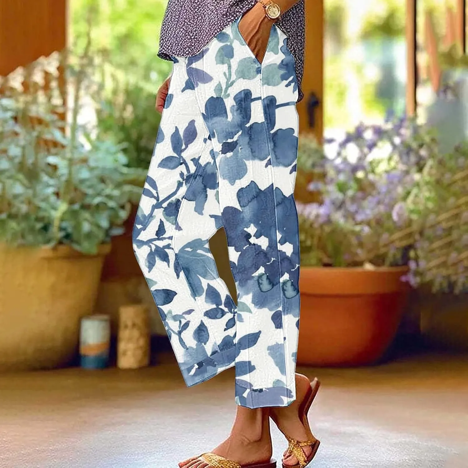Women Linen Pants Loose Pocket Casual Cotton and Linen Pants Flowy Wide Leg Beach Trousers with Pockets Linen Capris