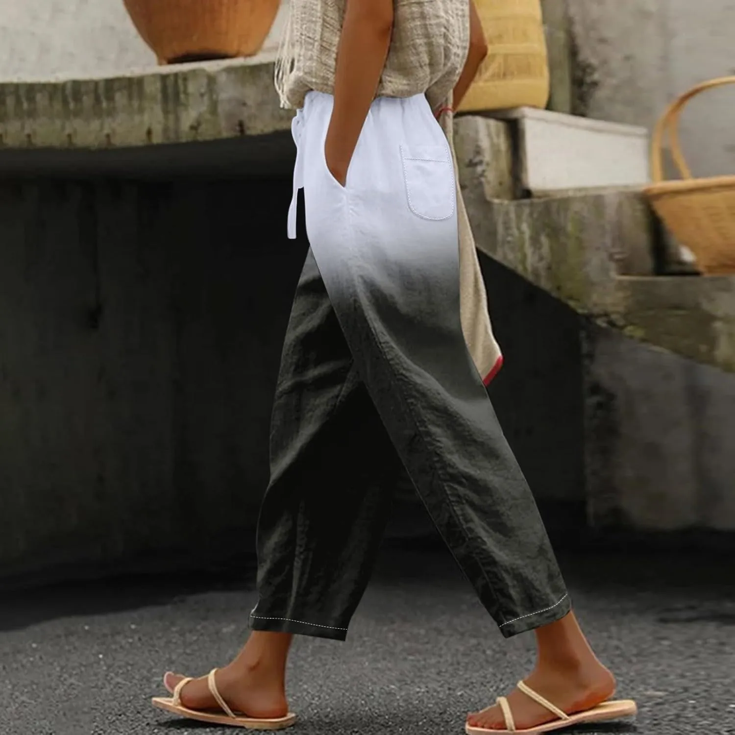 Women Linen Pants Loose Pocket Casual Cotton and Linen Pants Flowy Wide Leg Beach Trousers with Pockets Linen Capris