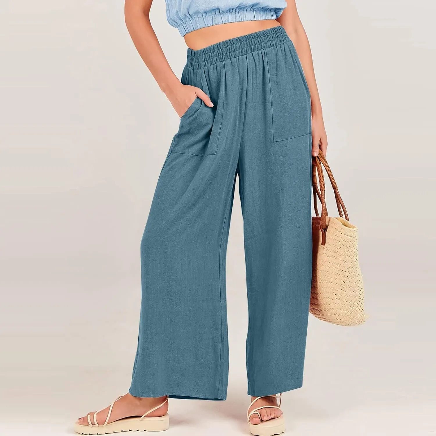 Women Palazzo Pants Summer Boho Casual Comfy Linen Wide Leg High Waisted Pants Lounge Palazzo Flowy Beach Trousers