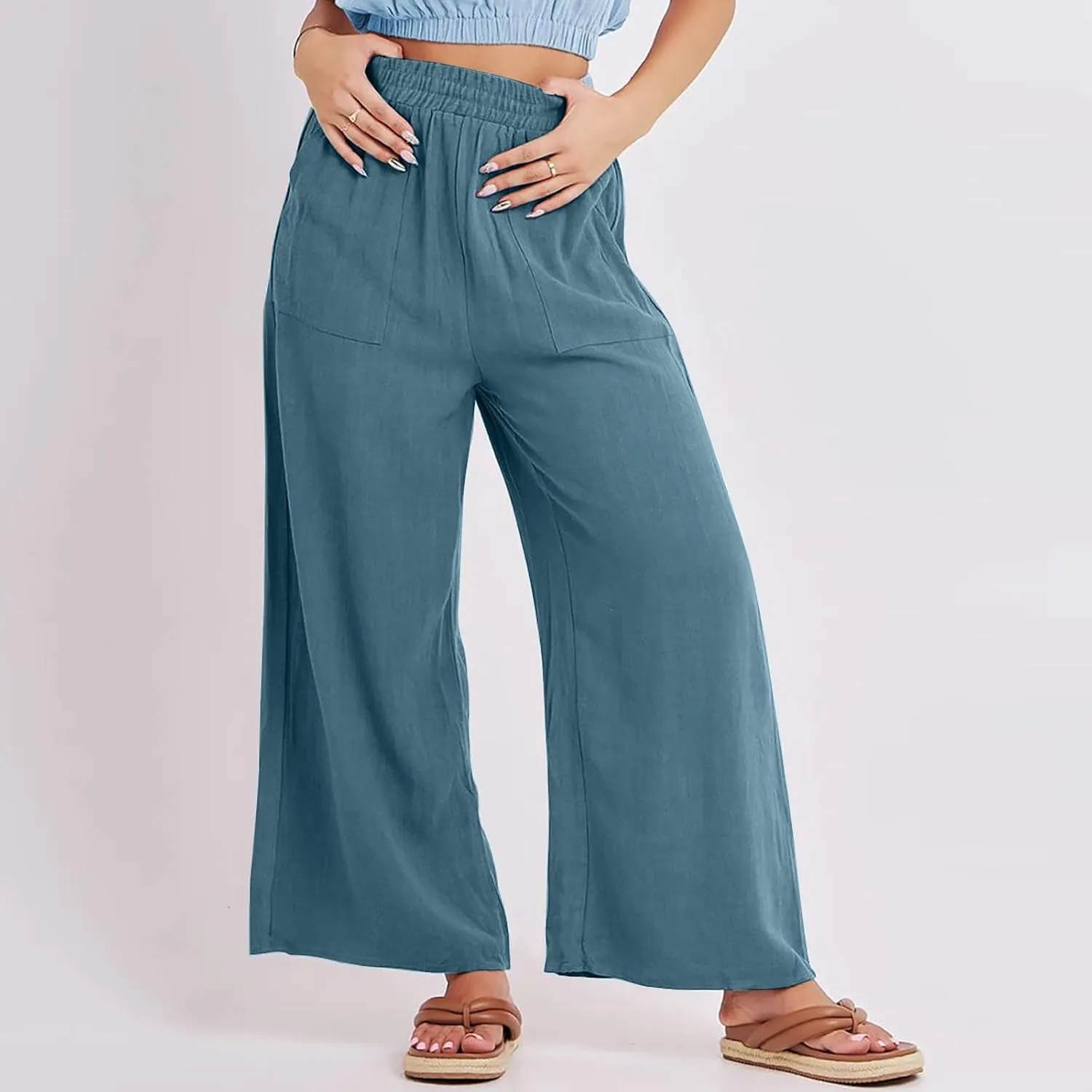 Women Palazzo Pants Summer Boho Casual Comfy Linen Wide Leg High Waisted Pants Lounge Palazzo Flowy Beach Trousers