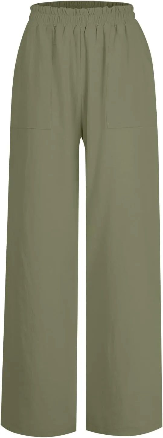 Women Palazzo Pants Summer Boho Casual Comfy Linen Wide Leg High Waisted Pants Lounge Palazzo Flowy Beach Trousers