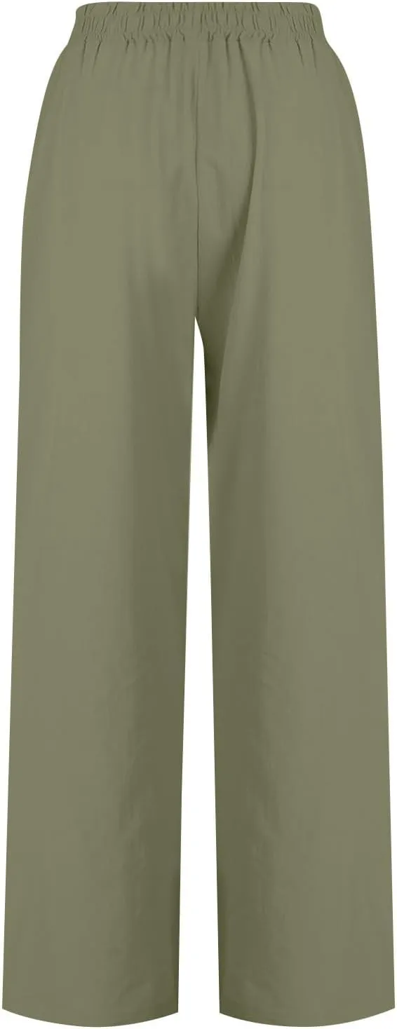Women Palazzo Pants Summer Boho Casual Comfy Linen Wide Leg High Waisted Pants Lounge Palazzo Flowy Beach Trousers