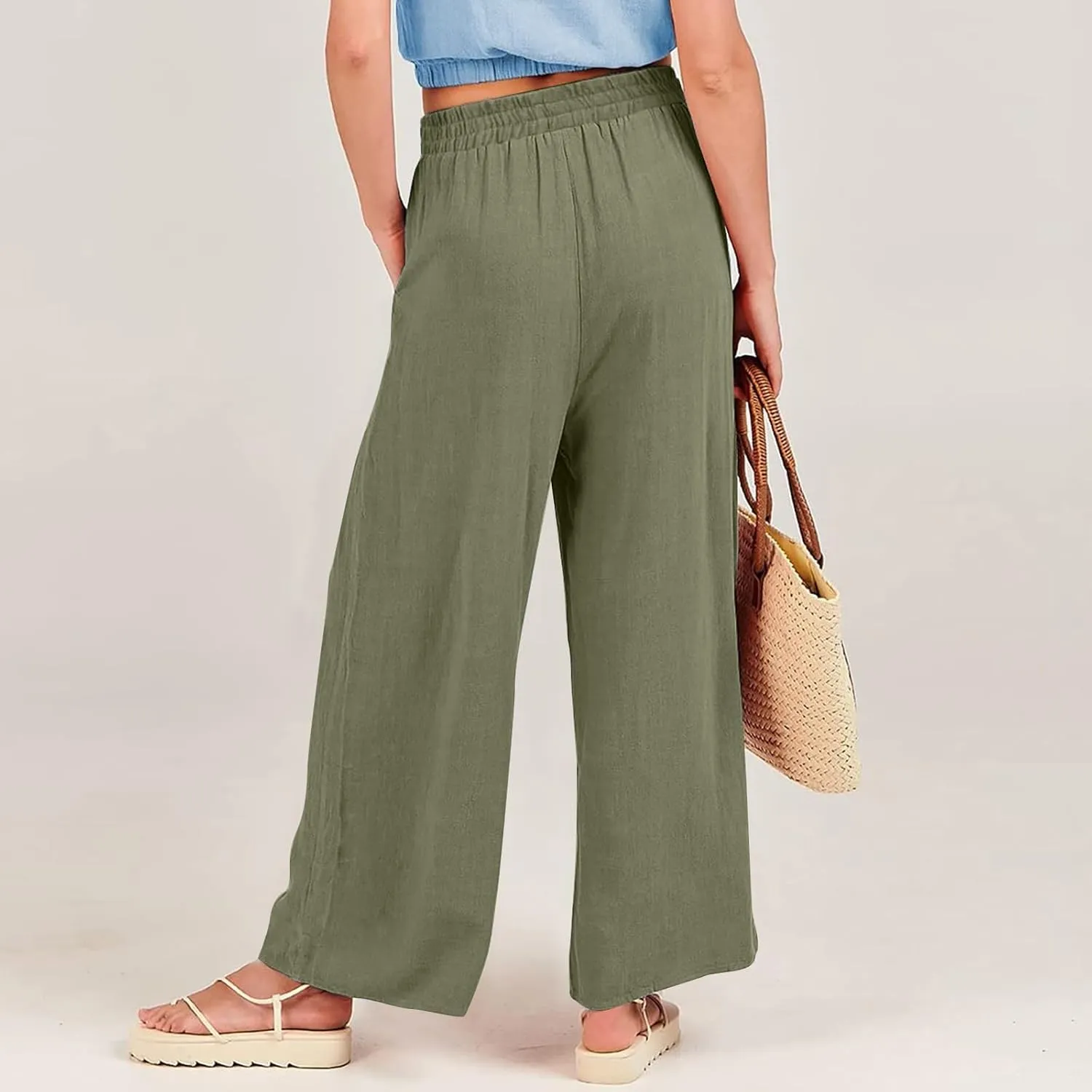 Women Palazzo Pants Summer Boho Casual Comfy Linen Wide Leg High Waisted Pants Lounge Palazzo Flowy Beach Trousers