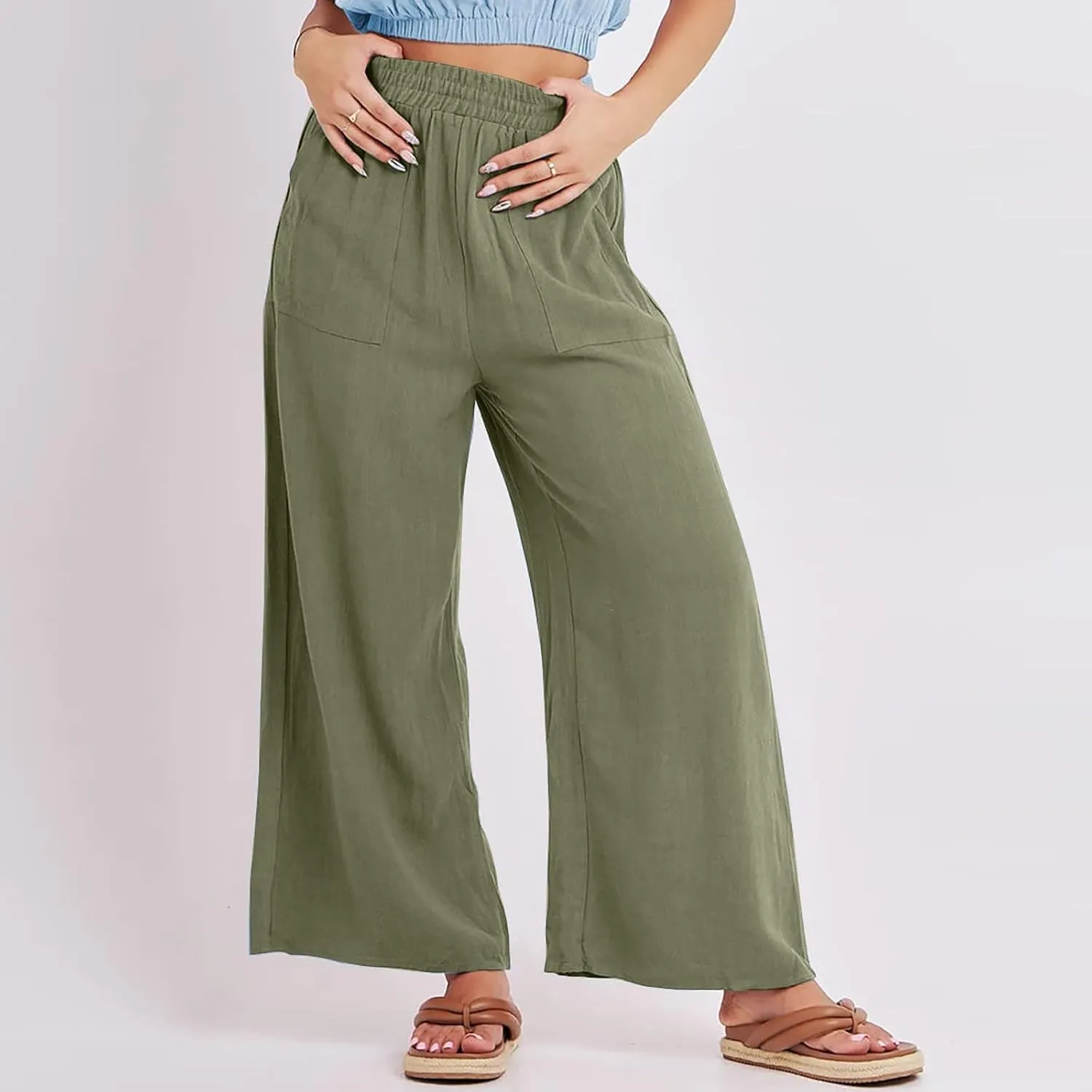 Women Palazzo Pants Summer Boho Casual Comfy Linen Wide Leg High Waisted Pants Lounge Palazzo Flowy Beach Trousers