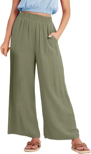 Women Palazzo Pants Summer Boho Casual Comfy Linen Wide Leg High Waisted Pants Lounge Palazzo Flowy Beach Trousers