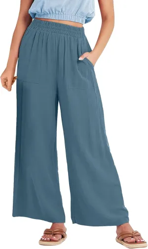 Women Palazzo Pants Summer Boho Casual Comfy Linen Wide Leg High Waisted Pants Lounge Palazzo Flowy Beach Trousers