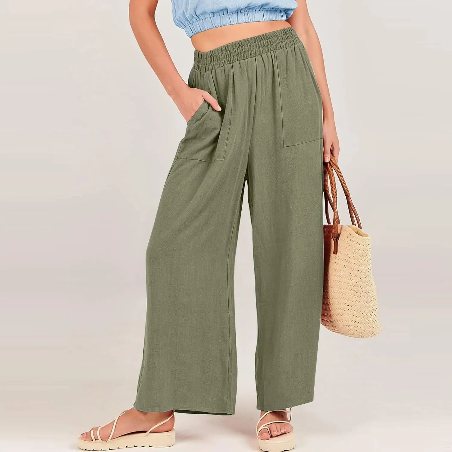 Women Palazzo Pants Summer Boho Casual Comfy Linen Wide Leg High Waisted Pants Lounge Palazzo Flowy Beach Trousers