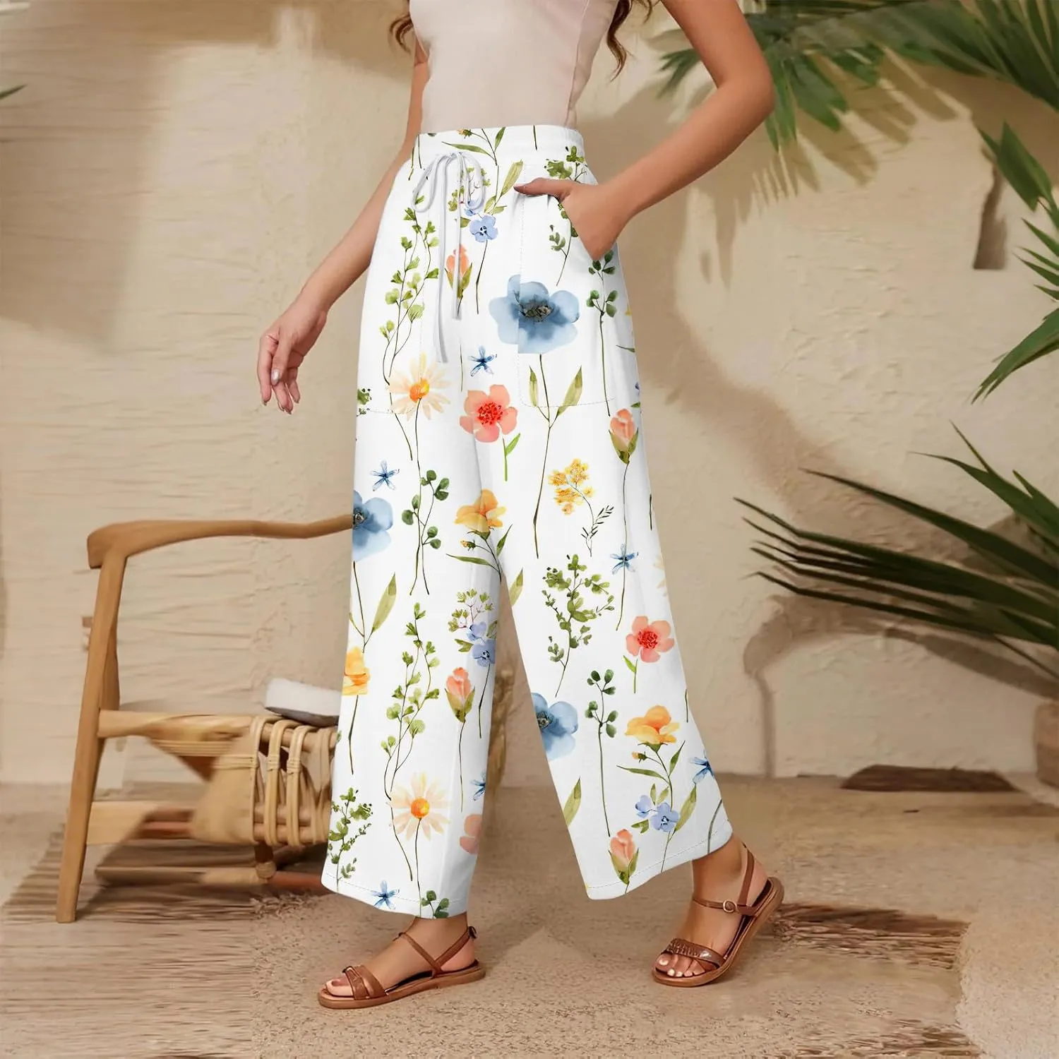 Women Palazzo Pants Summer Floral Print Soft Comfy Flowy High Waist Wide Leg Pants Casual Loose Beach Lounge Trouser