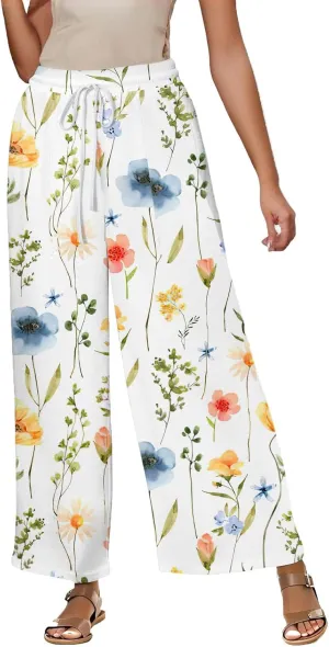 Women Palazzo Pants Summer Floral Print Soft Comfy Flowy High Waist Wide Leg Pants Casual Loose Beach Lounge Trouser