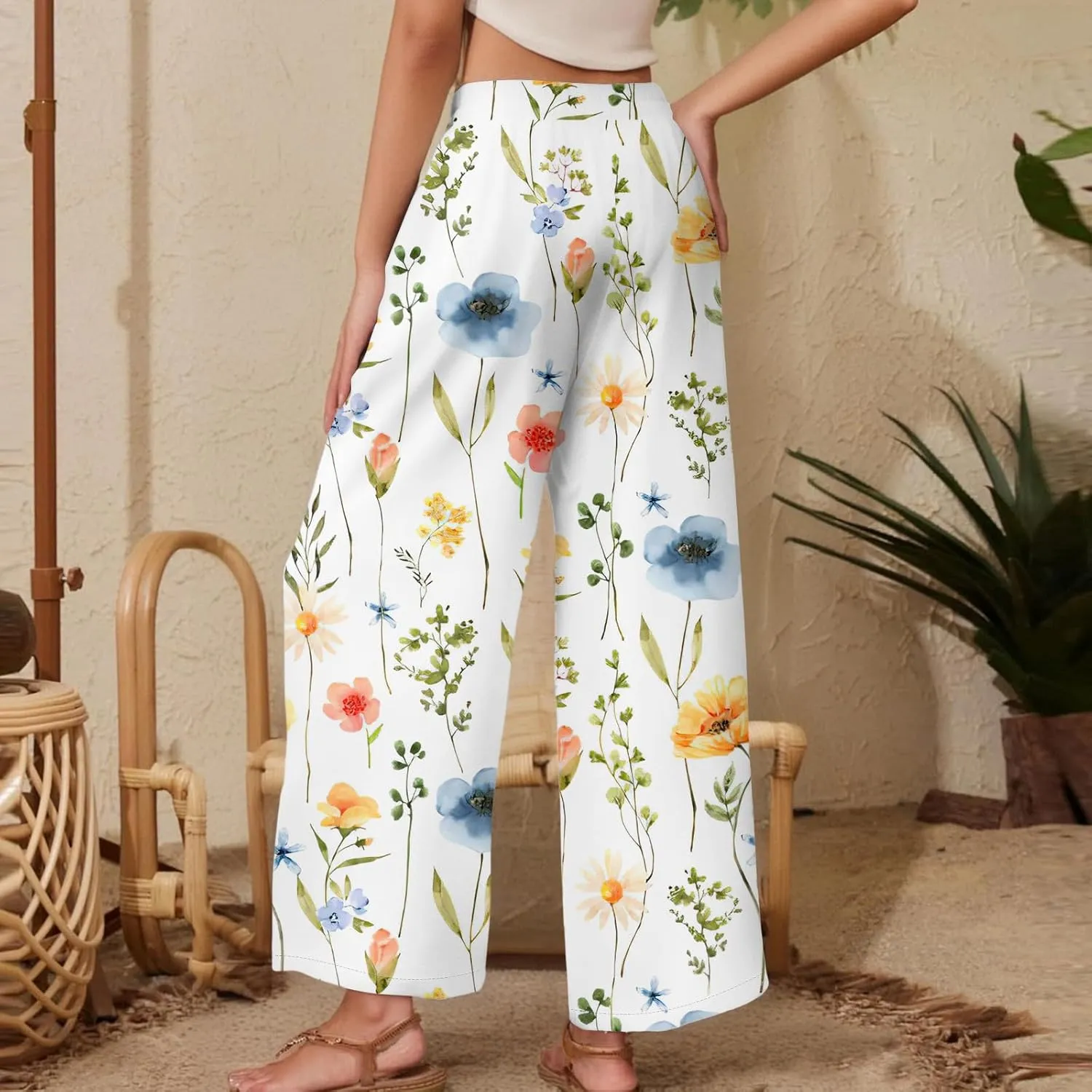 Women Palazzo Pants Summer Floral Print Soft Comfy Flowy High Waist Wide Leg Pants Casual Loose Beach Lounge Trouser