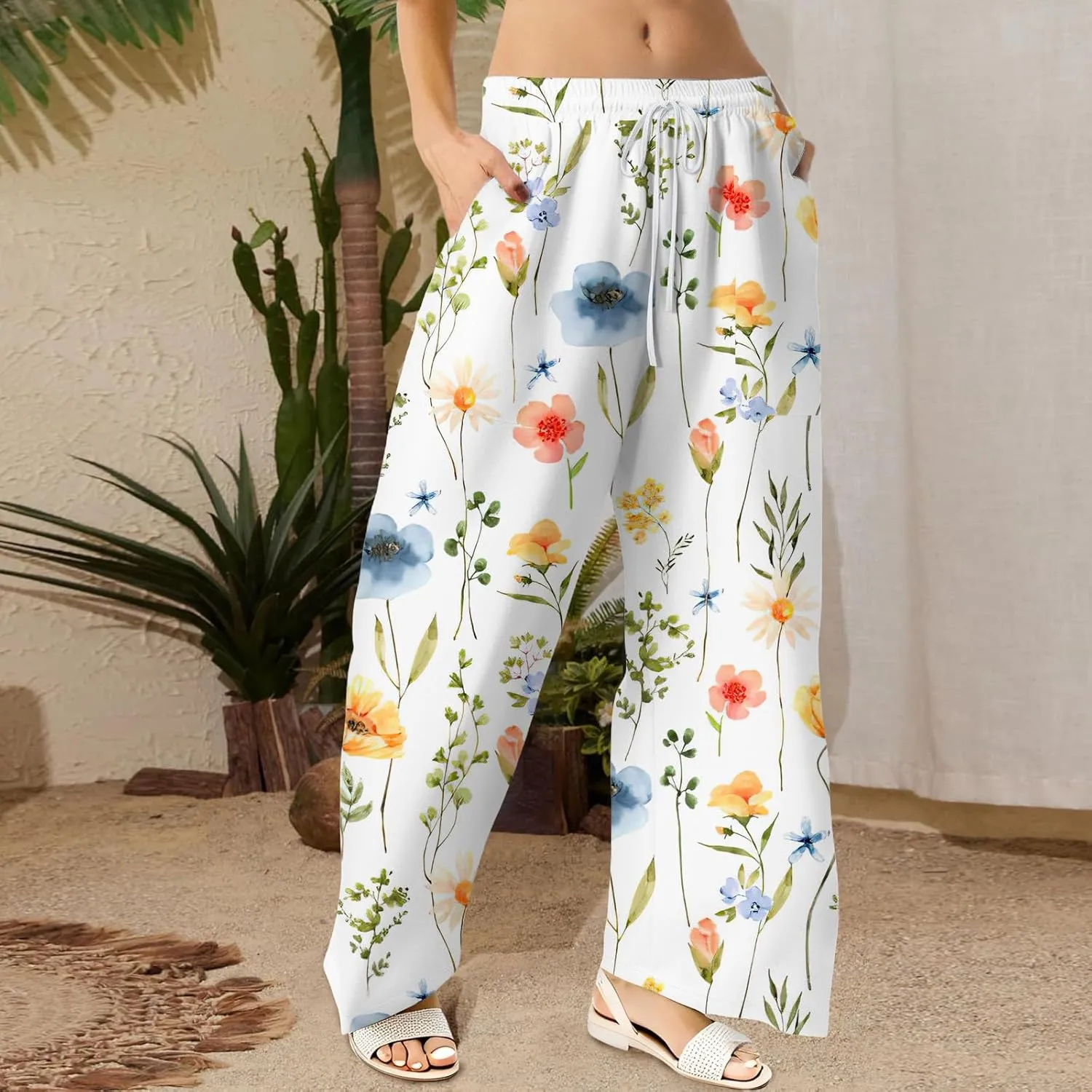 Women Palazzo Pants Summer Floral Print Soft Comfy Flowy High Waist Wide Leg Pants Casual Loose Beach Lounge Trouser