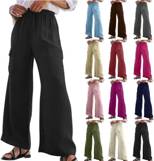 Women Palazzo Pants with Pockets Summer Casual Wide Leg High Waist Lounge Pants Flowy Beach Trousers Travel