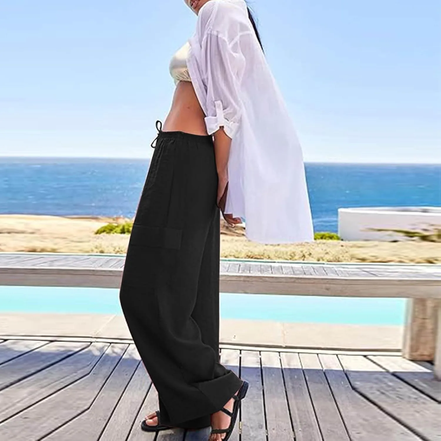 Women Palazzo Pants with Pockets Summer Casual Wide Leg High Waist Lounge Pants Flowy Beach Trousers Travel