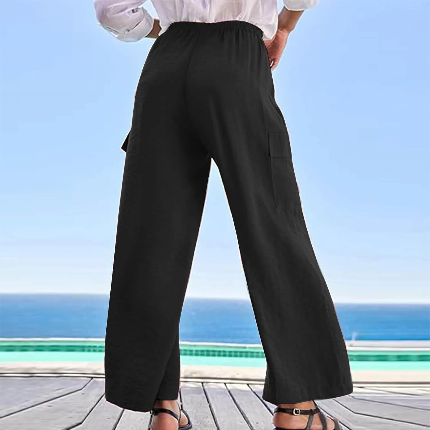 Women Palazzo Pants with Pockets Summer Casual Wide Leg High Waist Lounge Pants Flowy Beach Trousers Travel