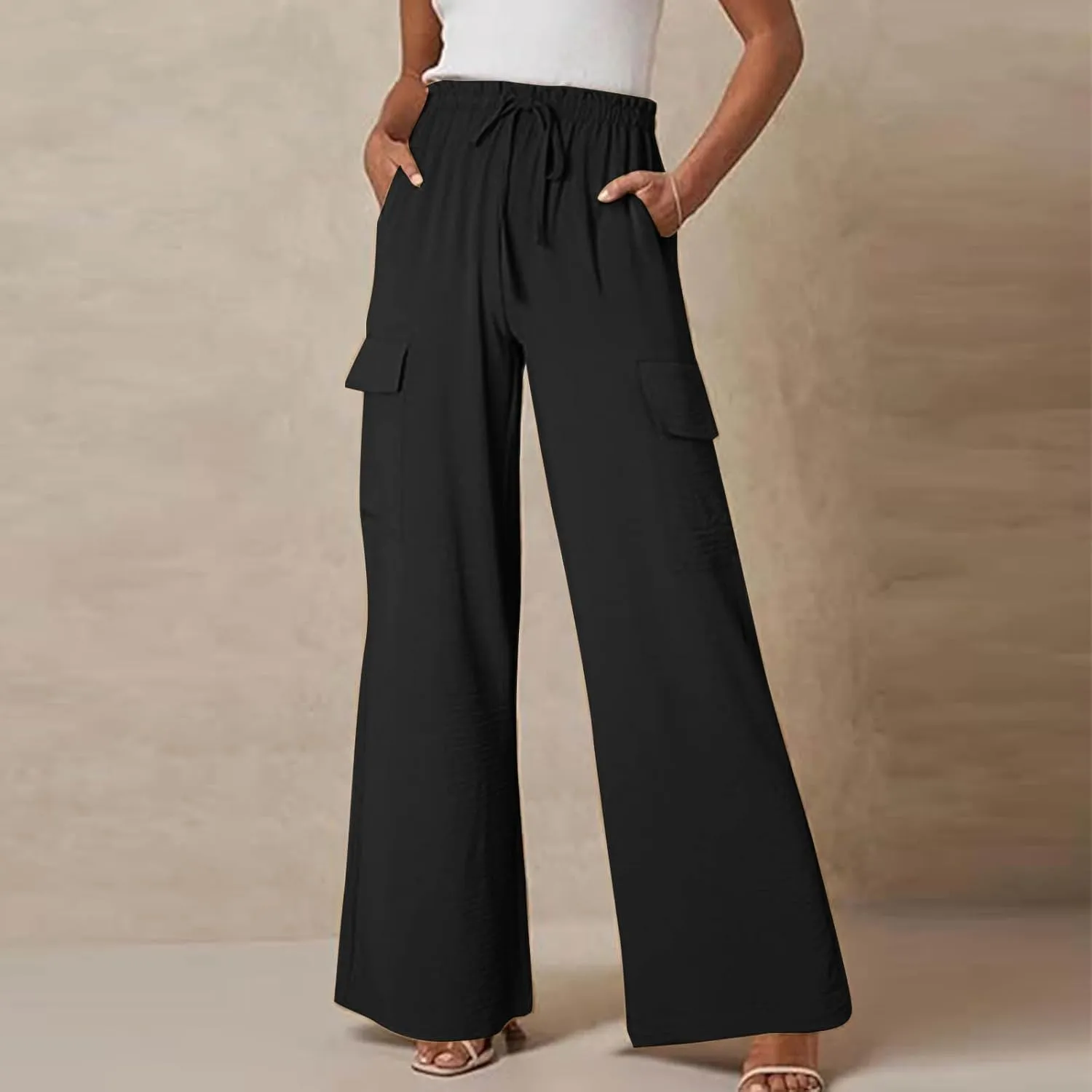 Women Palazzo Pants with Pockets Summer Casual Wide Leg High Waist Lounge Pants Flowy Beach Trousers Travel