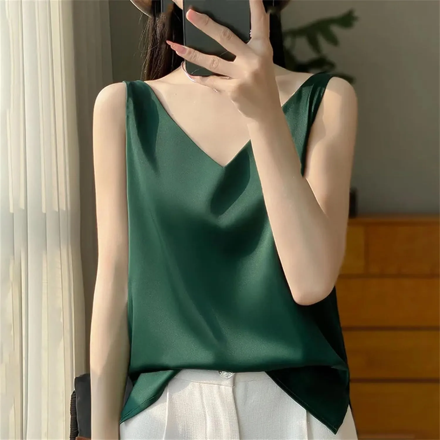 Women Satin Double Shoulder Camisole Tank Top V-Neck Sleeveless T-Shirt CropSolid Casual Basic Top