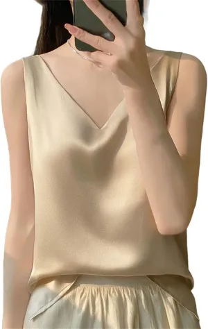 Women Satin Double Shoulder Camisole Tank Top V-Neck Sleeveless T-Shirt CropSolid Casual Basic Top
