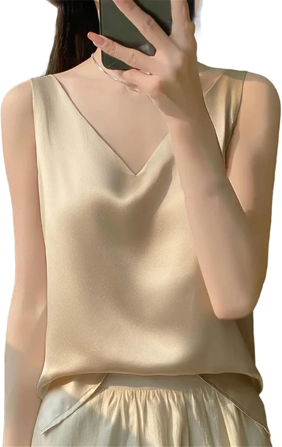 Women Satin Double Shoulder Camisole Tank Top V-Neck Sleeveless T-Shirt CropSolid Casual Basic Top