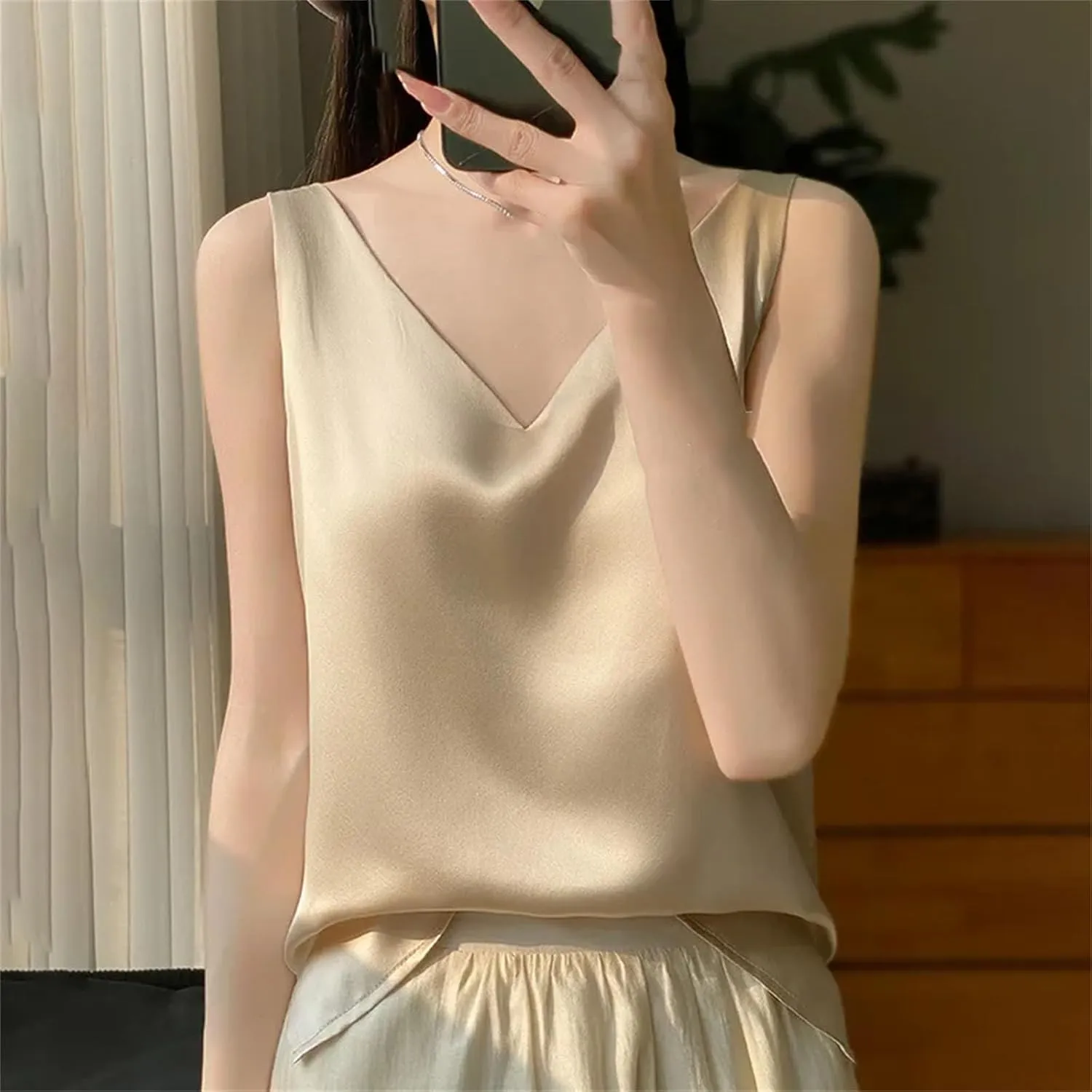 Women Satin Double Shoulder Camisole Tank Top V-Neck Sleeveless T-Shirt CropSolid Casual Basic Top
