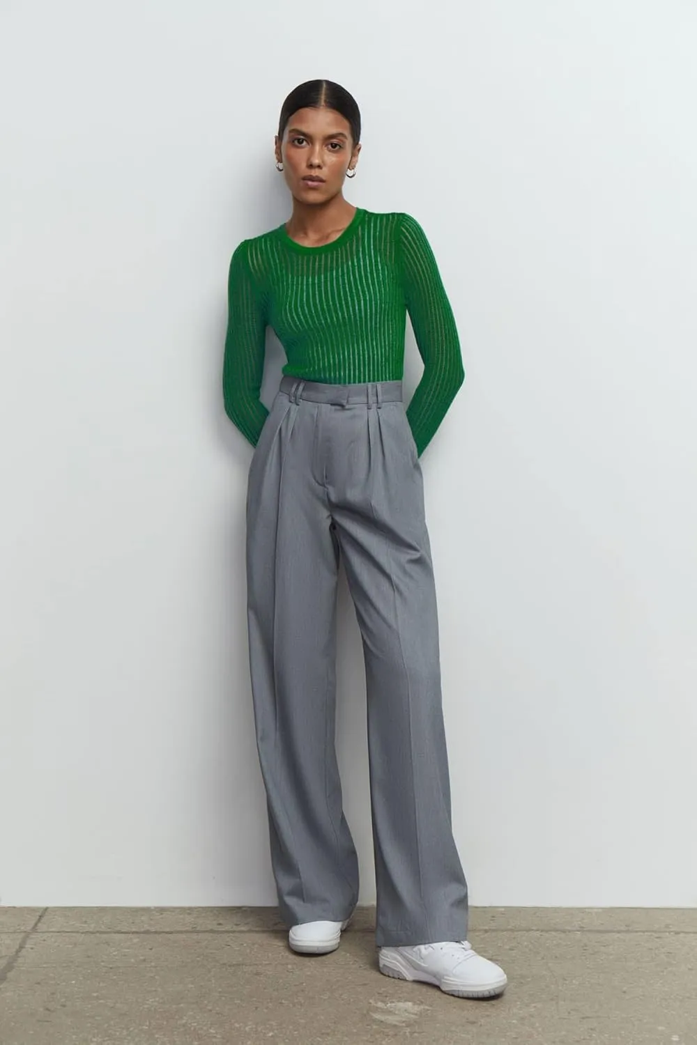 Women See Through T-Shirt Crew Neck Sheer Mesh Knit Sweater Solid Basic Long Sleeve Loose Fit Knit Pullover Jumper Top