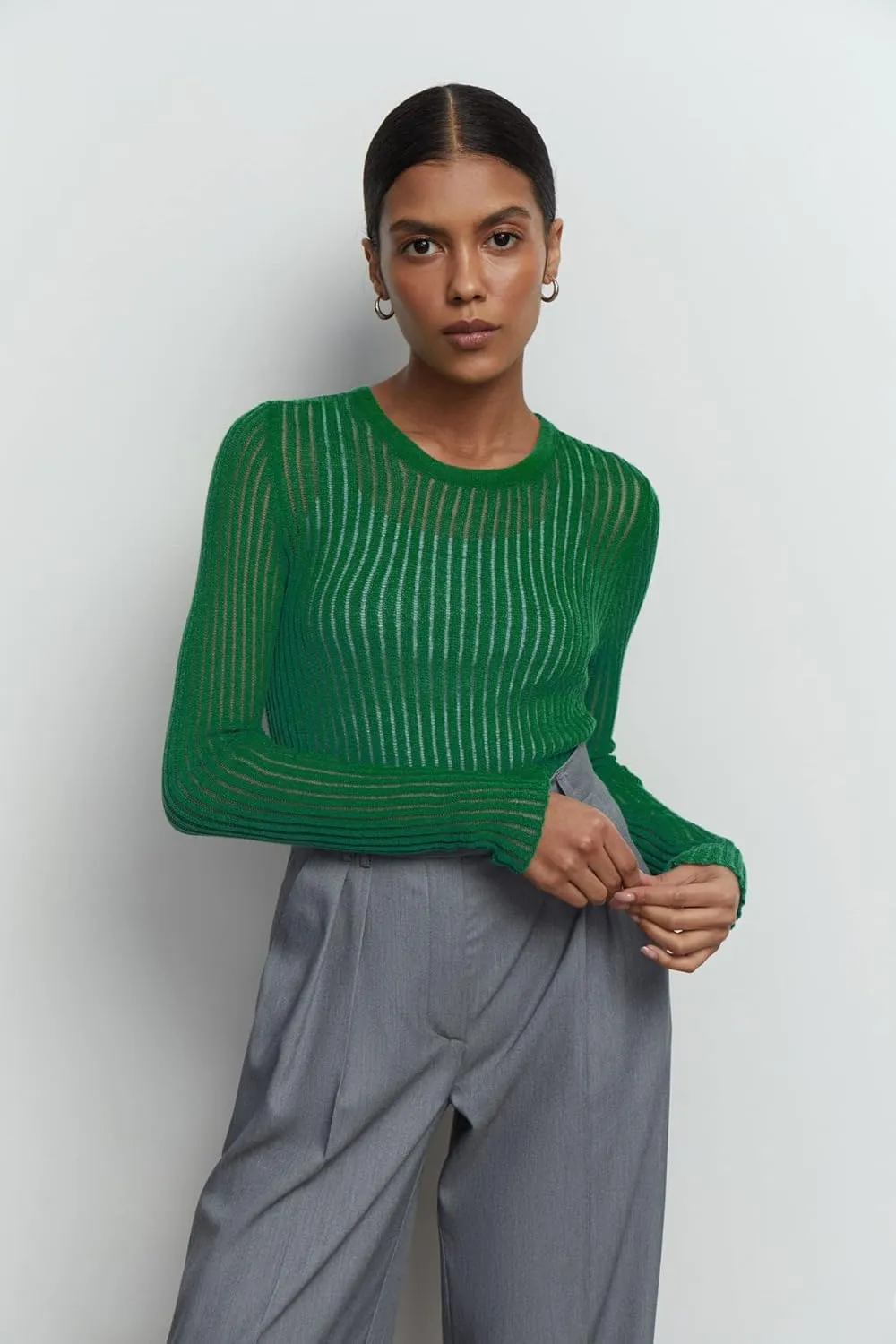 Women See Through T-Shirt Crew Neck Sheer Mesh Knit Sweater Solid Basic Long Sleeve Loose Fit Knit Pullover Jumper Top