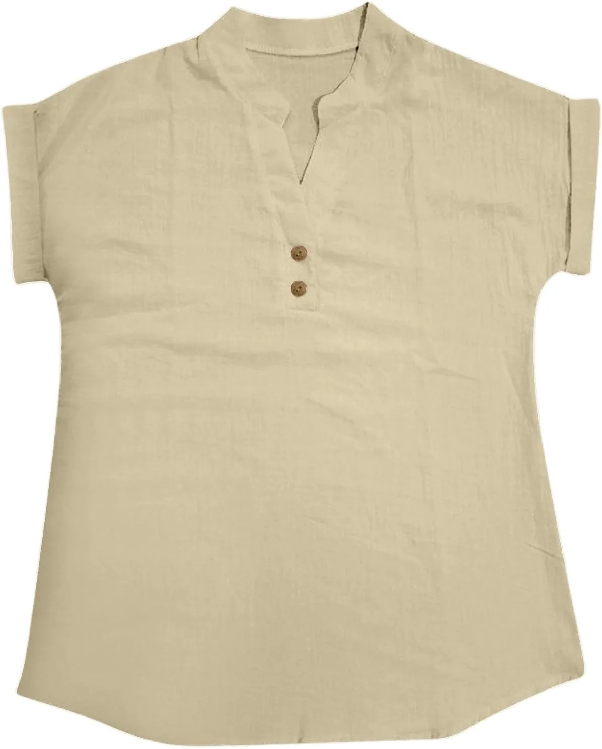 Women Short Sleeve Cotton Linen Shirt Casual V-Neck Oversized T Shirt Button Down Collar Loose Summer Tee Top