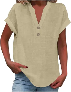 Women Short Sleeve Cotton Linen Shirt Casual V-Neck Oversized T Shirt Button Down Collar Loose Summer Tee Top